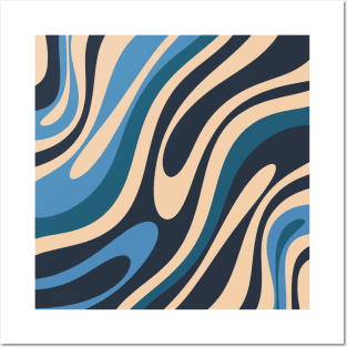 Wavy Loops Retro Abstract Pattern Blue and Beige Posters and Art